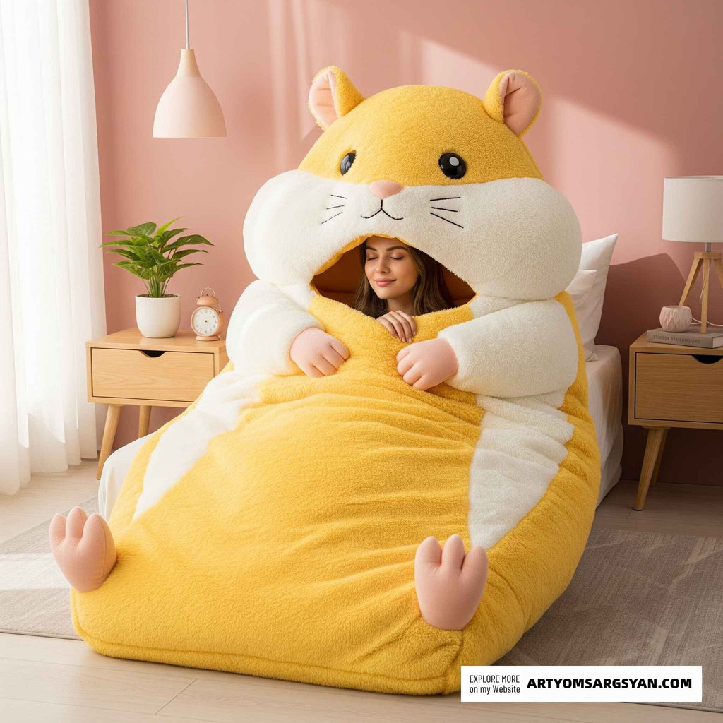 So adorable!  Fluffy Hamster Shaped Sleeping Bag to Snuggle Away Stress