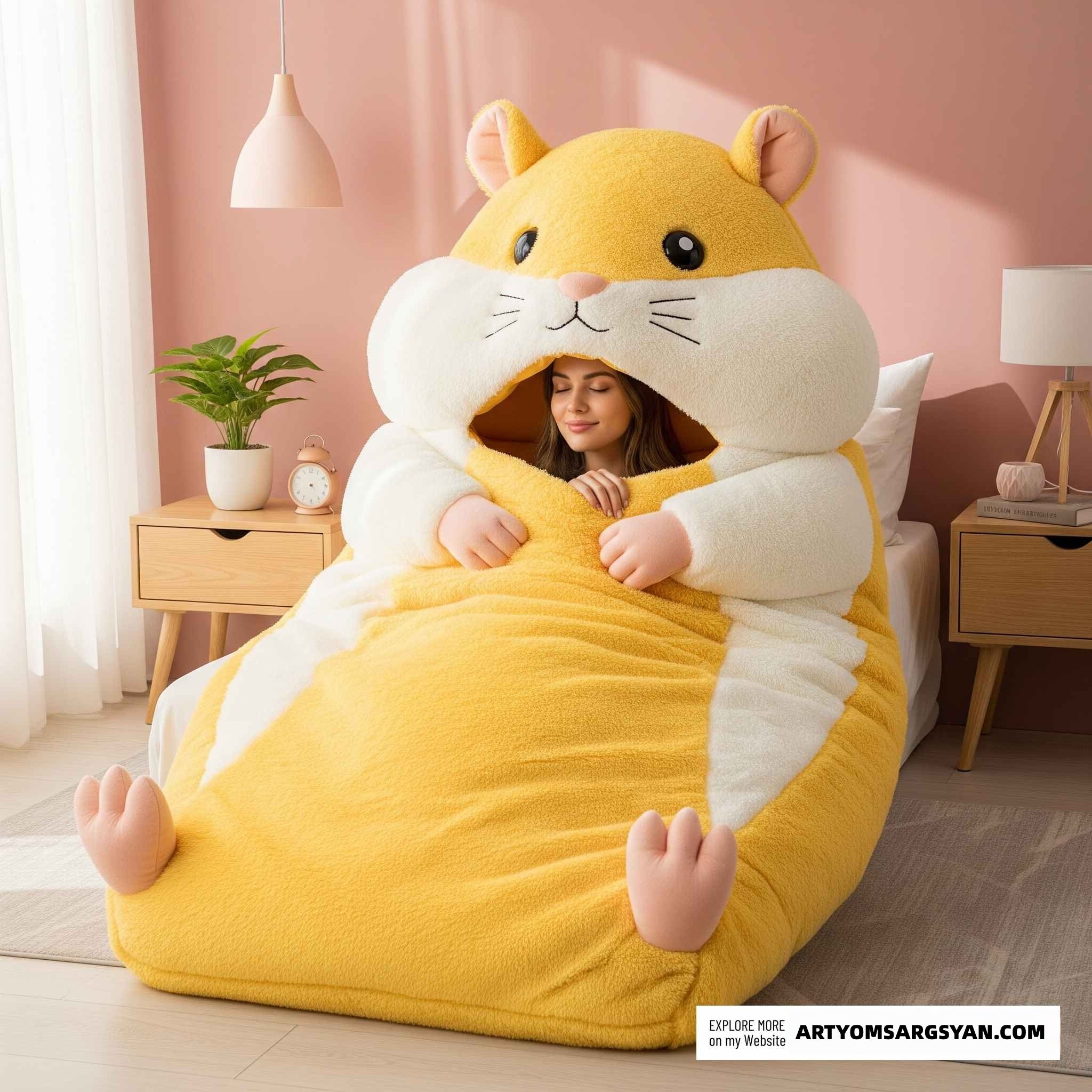 So adorable!  Fluffy Hamster Shaped Sleeping Bag to Snuggle Away Stress