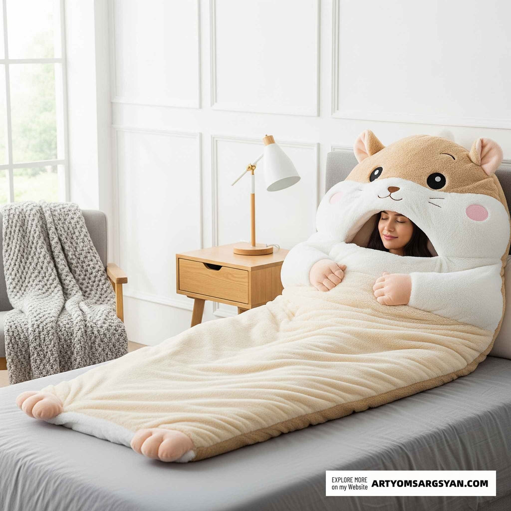 So adorable!  Fluffy Hamster Shaped Sleeping Bag to Snuggle Away Stress