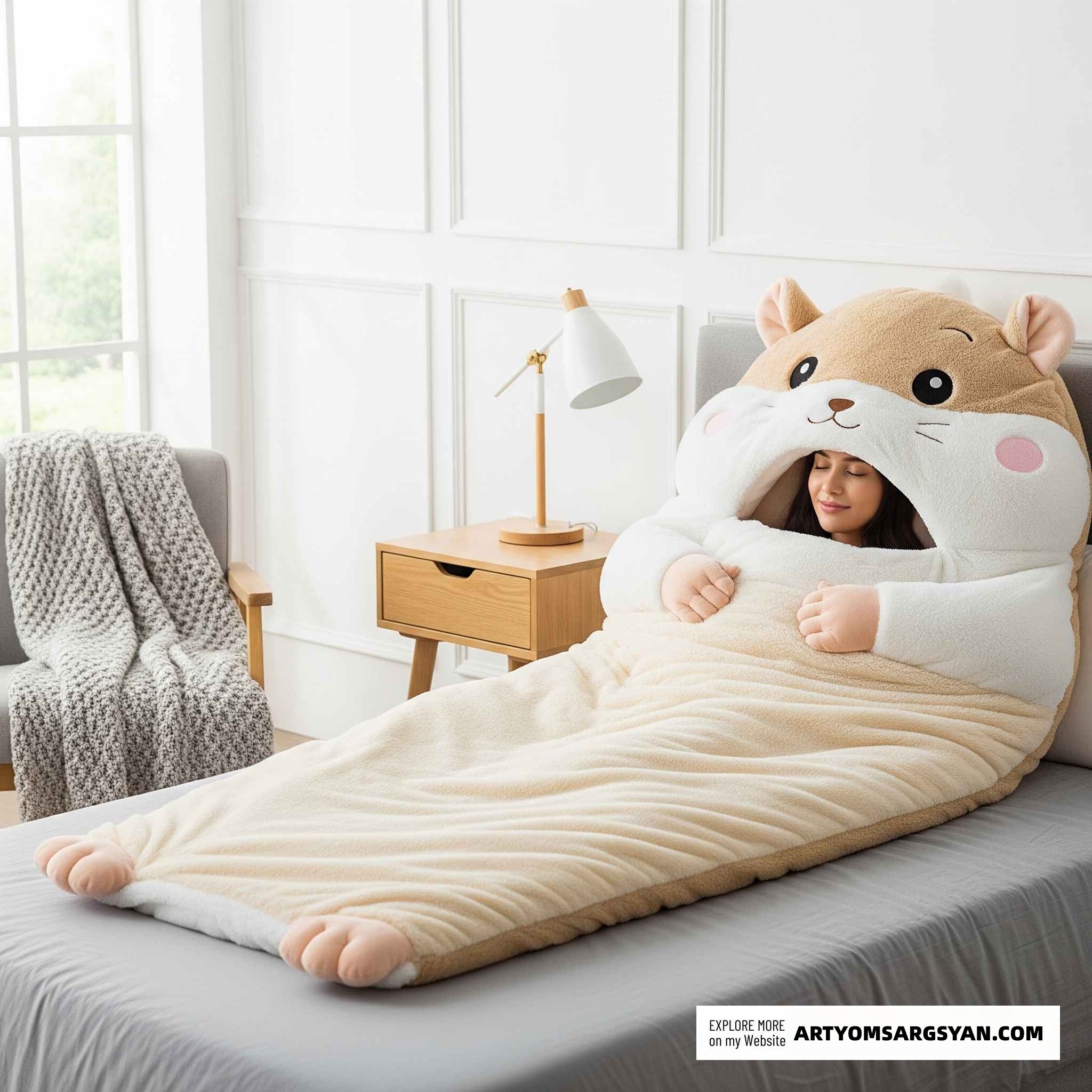 So adorable!  Fluffy Hamster Shaped Sleeping Bag to Snuggle Away Stress